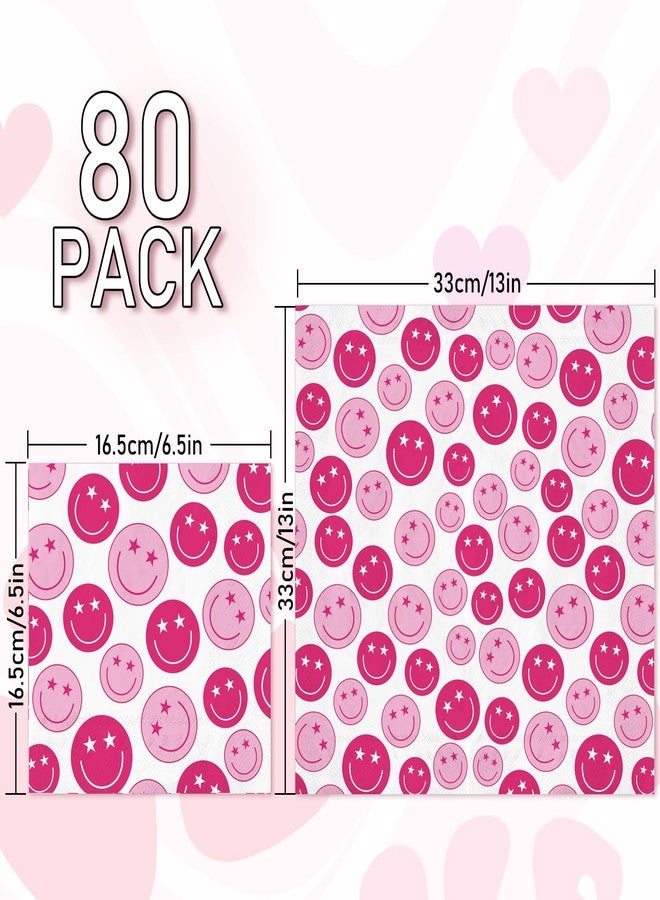 وولاين مجموعة من 80 منديل ورقي أنيق من والين، مقاس 6.5 × 6.5 بوصة، مزينة برسومات وجوه مبتسمة، لون وردي فاقع، مناسبة لحفلات العشاء، وحفلات المدرسة، وحفلات الهيبيز، وتزيين الطاولات. - Image 2